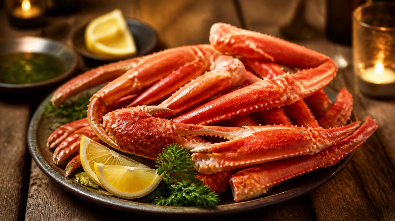 cooked snow crab legs, bright red shell, professional food photography, appetizing presentation, fresh seafood, restaurant quality
